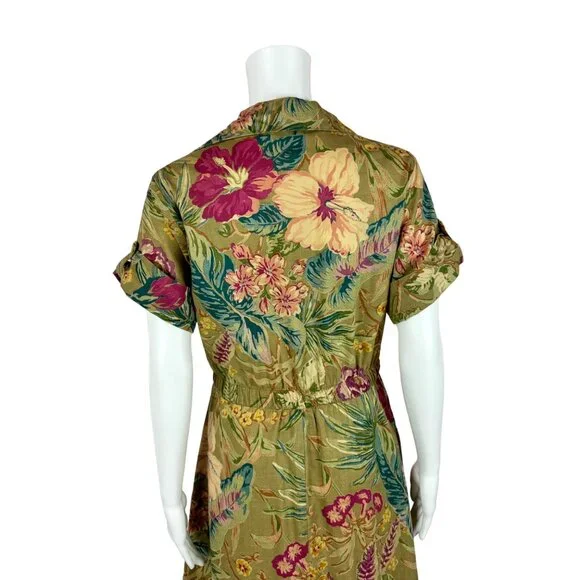 Vintage 70s Safari Dress Women's Medium Olive Hibiscus Floral Tea Length